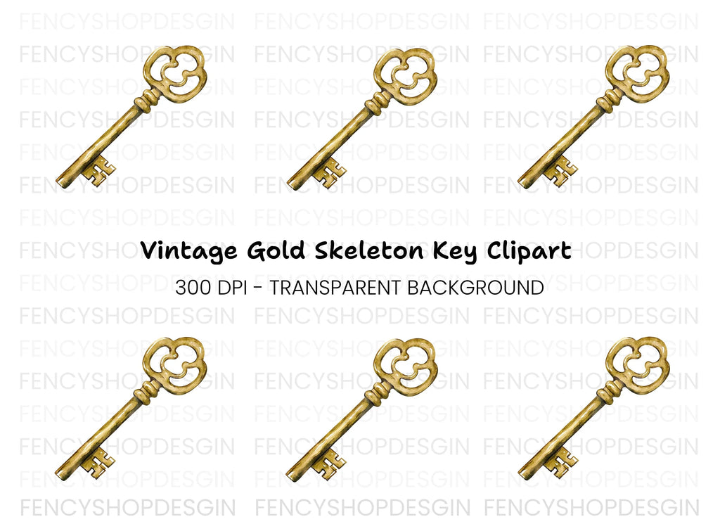Vintage Golden Skeleton Key Clipart Bundle