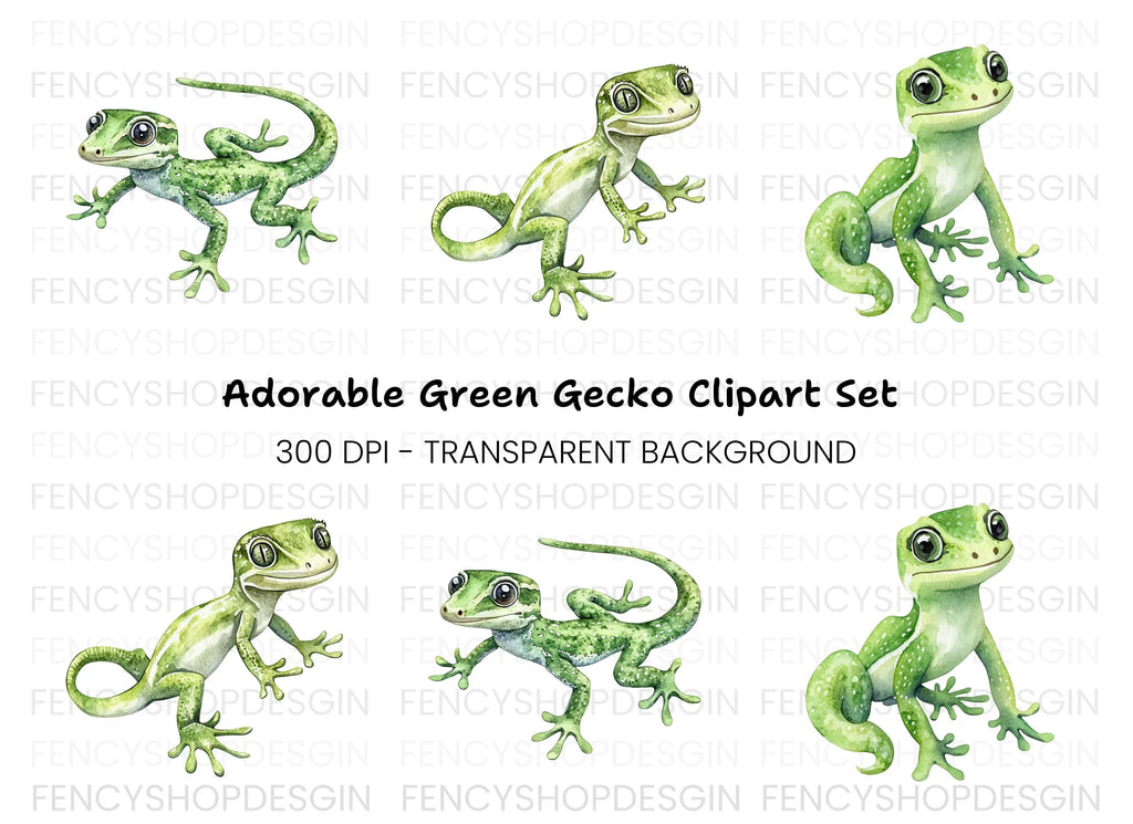Cute Green Gecko Clipart Bundle