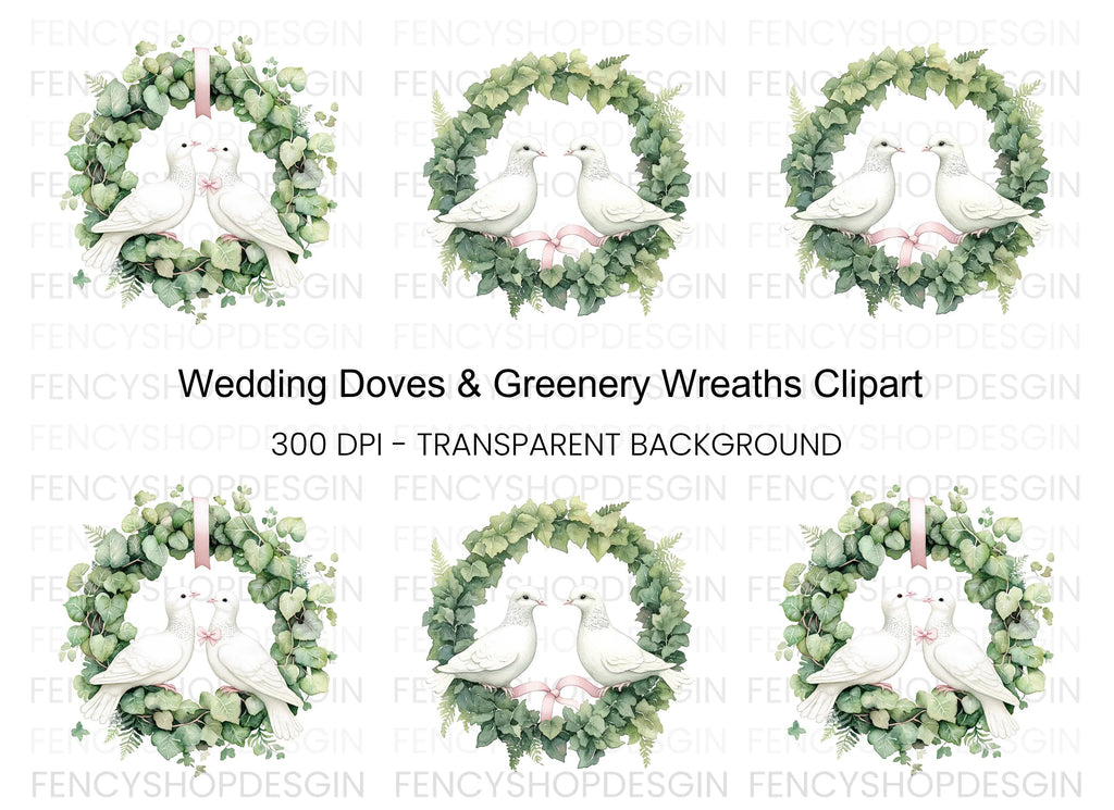 Doves in Greenery Wreath Clipart Bundle