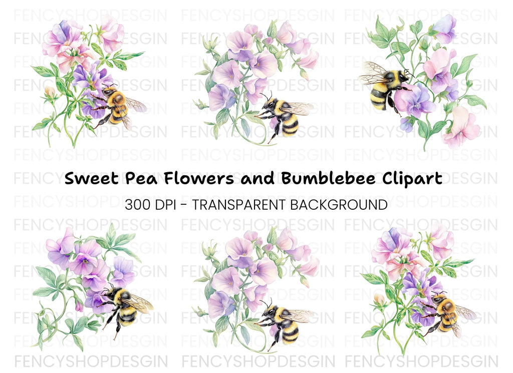 Sweet Pea Flowers with Bumblebees Clipart Bundle