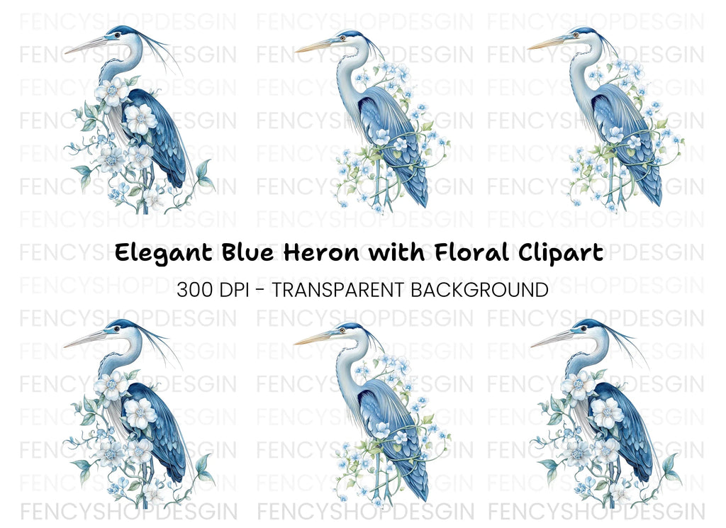 Elegant Blue Heron with White Flowers Clipart Bundle