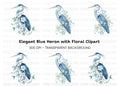 Elegant Blue Heron with White Flowers Clipart Bundle