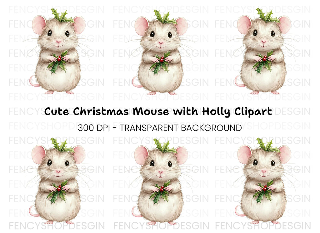 Cute Christmas Mouse with Holly Clipart Bundle