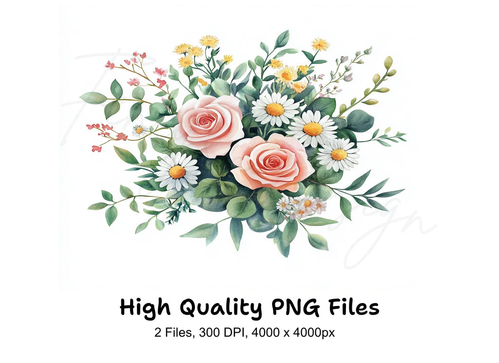 Roses and Daisies Bouquet Clipart Bundle