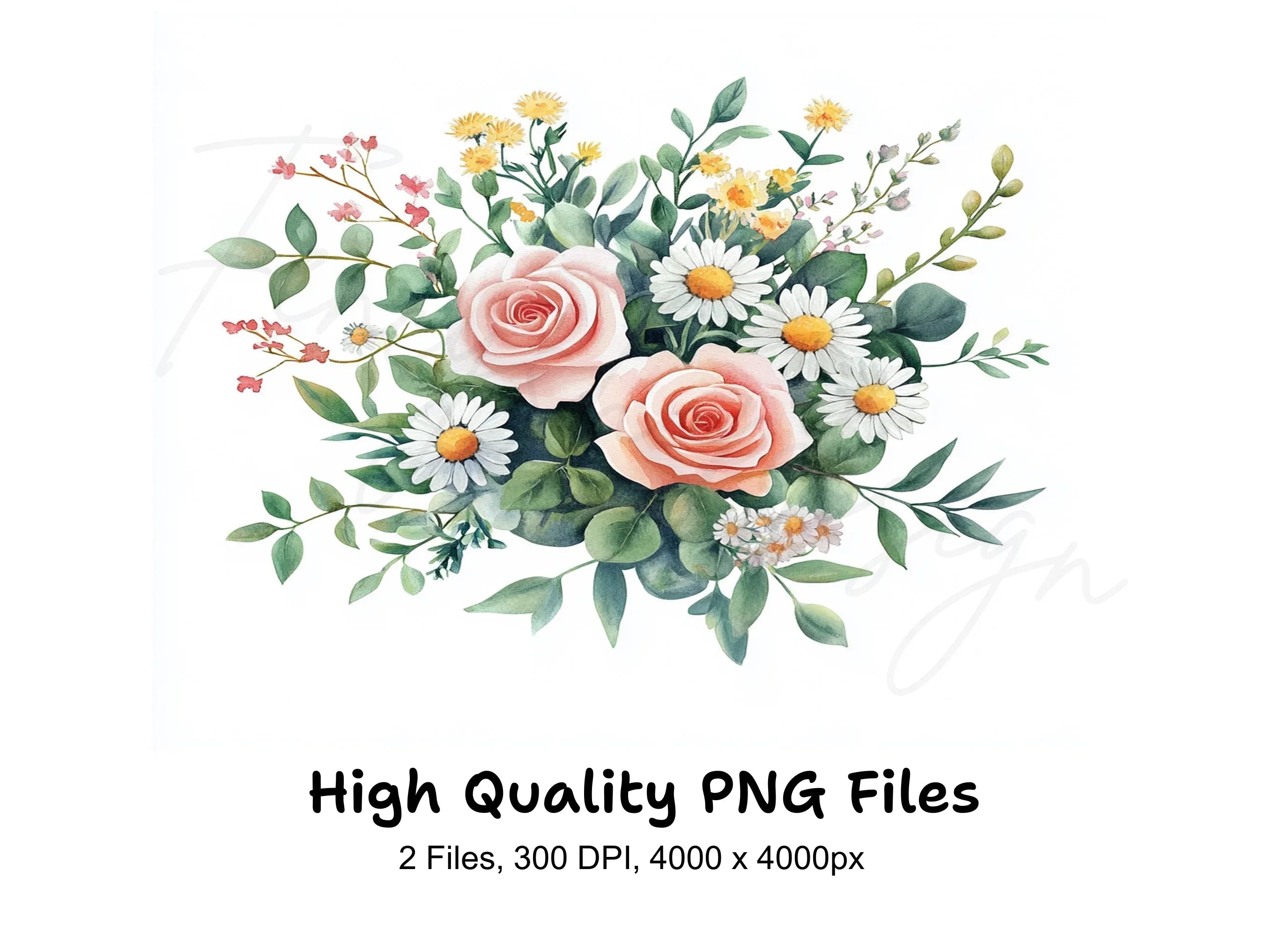 Roses and Daisies Bouquet Clipart Bundle