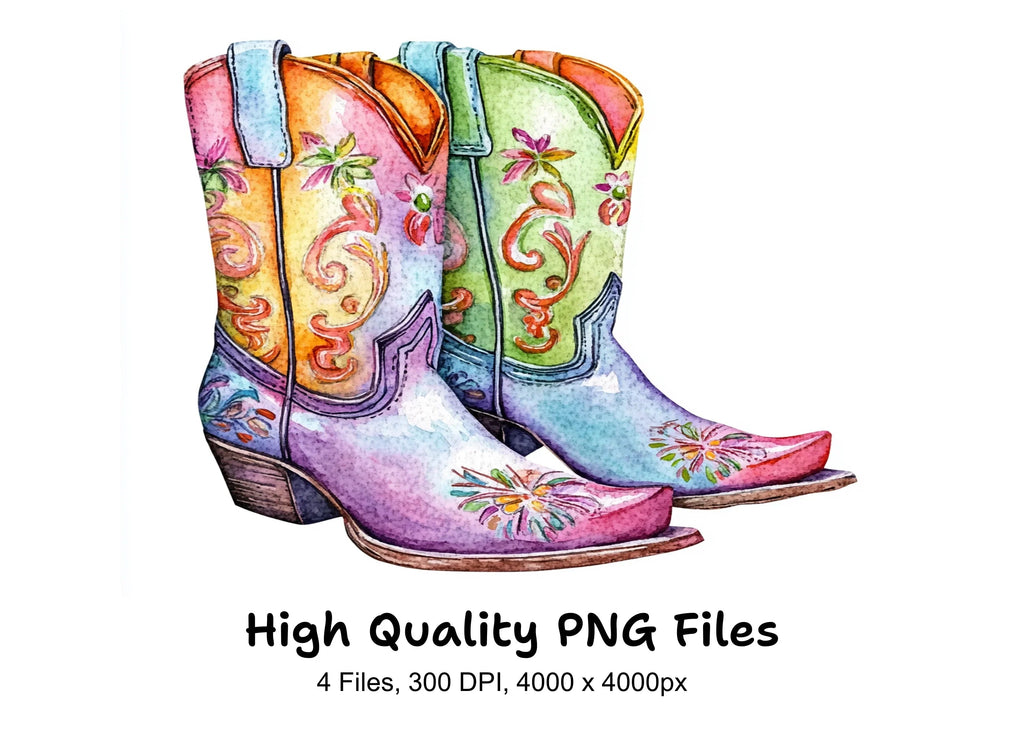 Vibrant Floral Cowgirl Boots Clipart Bundle