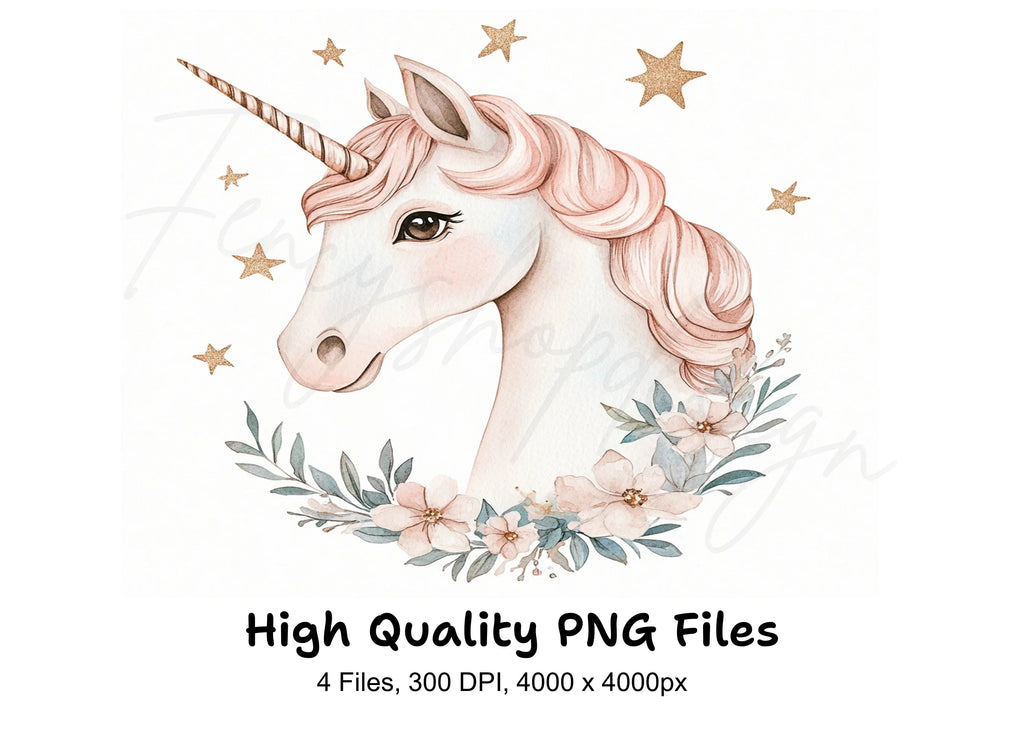 Cute Unicorn Heads with Flowers Clipart Bundle