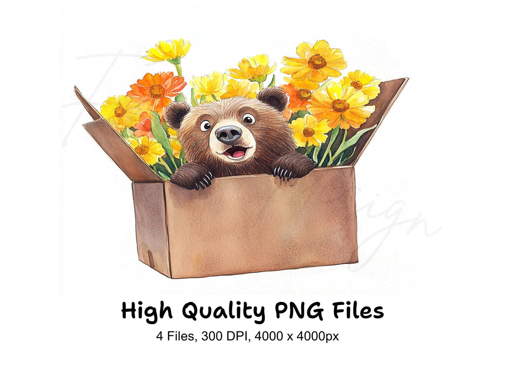 Cute Bear with Marigold Flowers Clipart Bundle