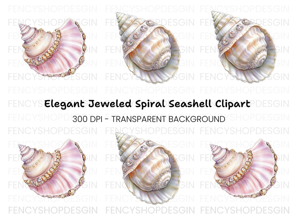 Elegant Seashells with Sparkling Gems Clipart Bundle