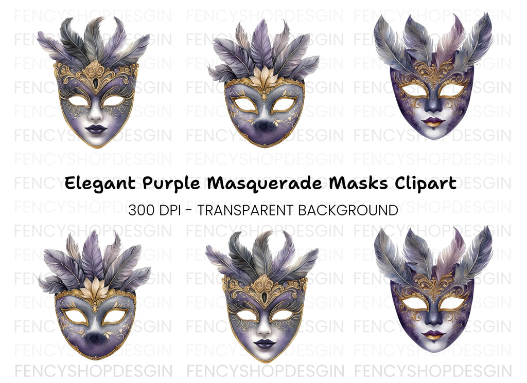 Ornate Purple Masquerade Masks Clipart Bundle