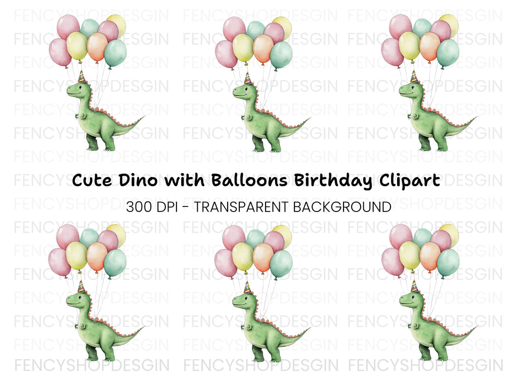 Happy Dinosaur with Balloons Clipart Bundle