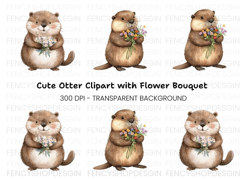Cute Otters Holding Flower Bouquets Clipart Bundle