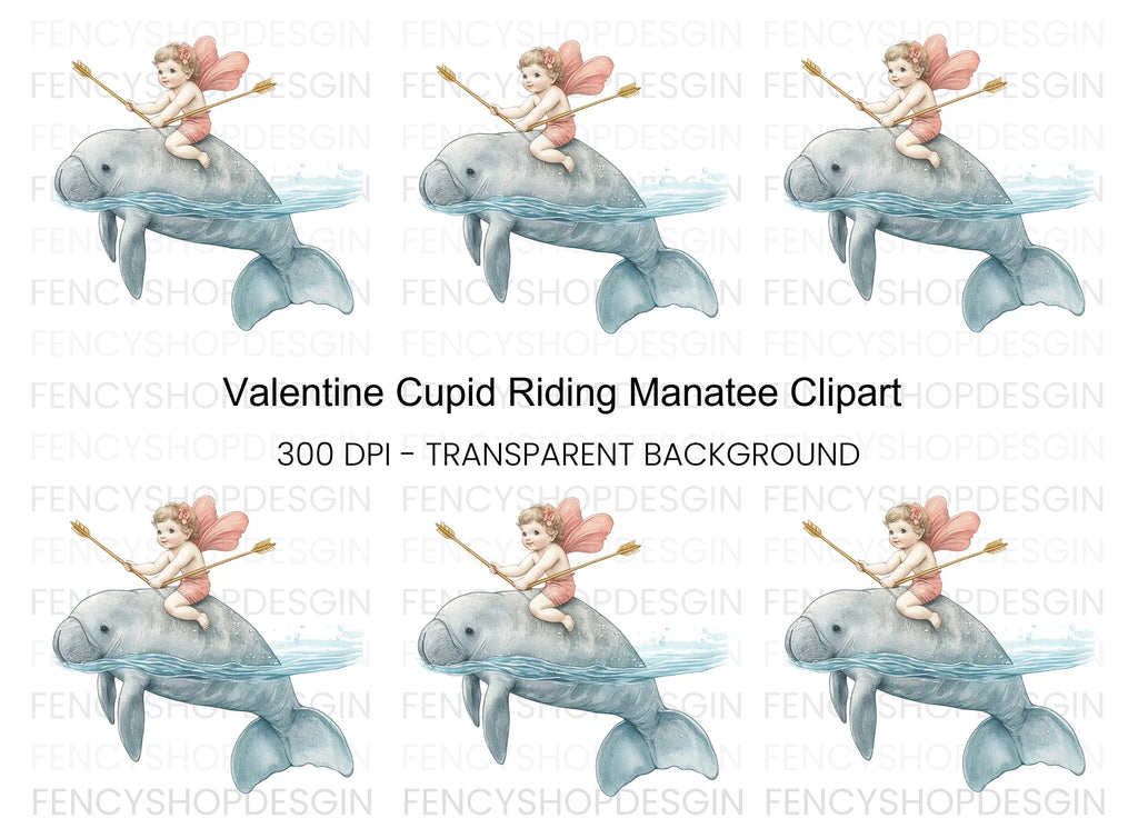 Cupid Riding Manatee Clipart Bundle