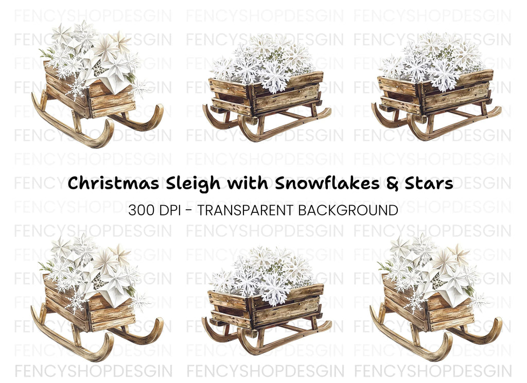 Winter Sleigh with Snowflakes Clipart Bundle
