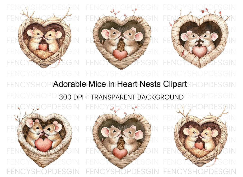 Romantic Mice in Heart Nest Clipart Bundle