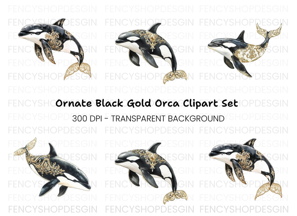 Ornate Gold and Black Orca Whale Clipart Bundle