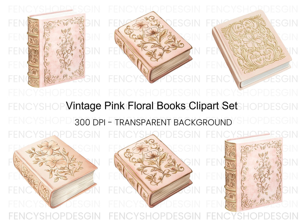 Ornate Pink and Gold Book Clipart Bundle