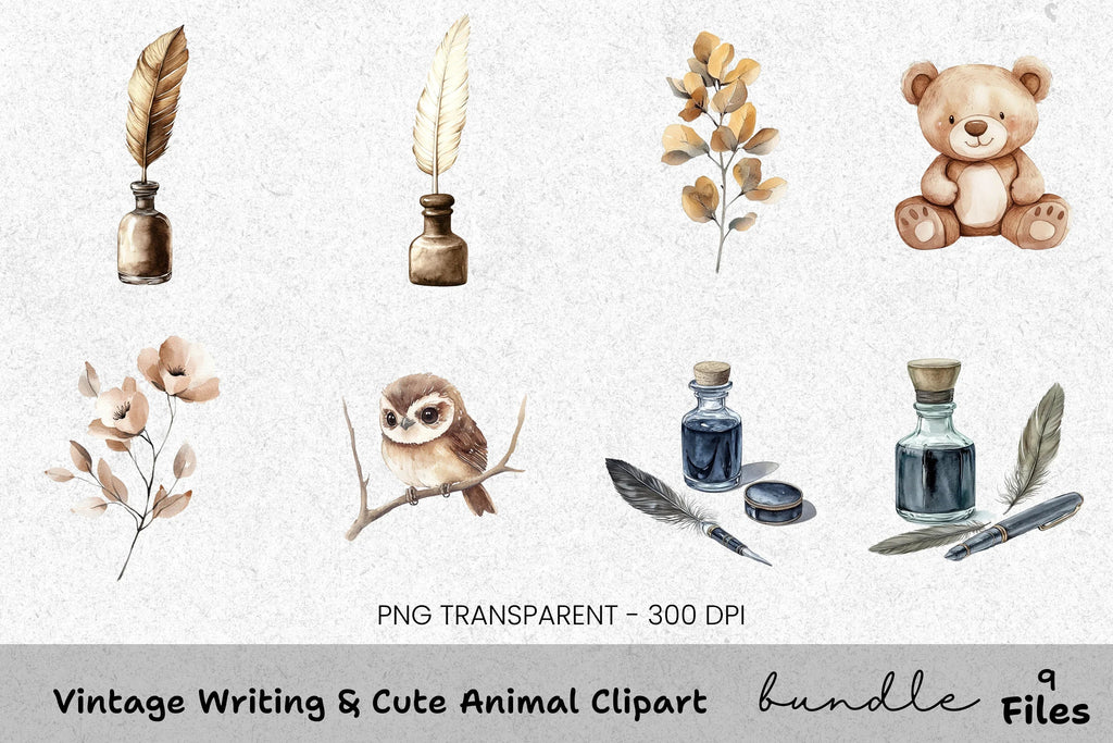 Vintage Cute Animal Writing Clipart Bundle