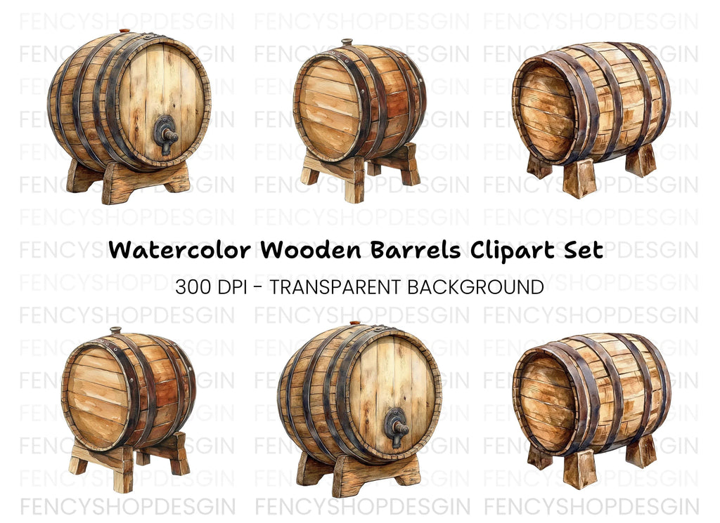 Rustic Wooden Barrels Clipart Bundle