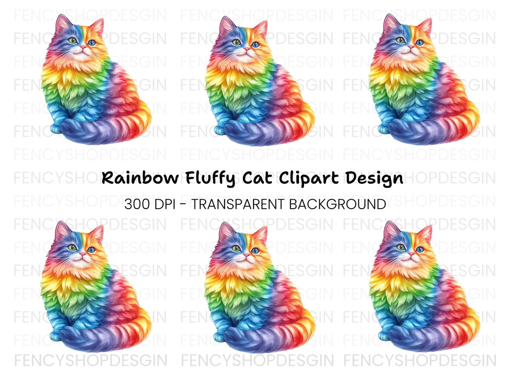 Rainbow Fluffy Cat Clipart Bundle