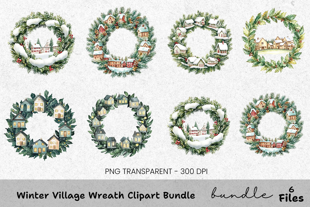 Winter Village Wreath Clipart Bundle