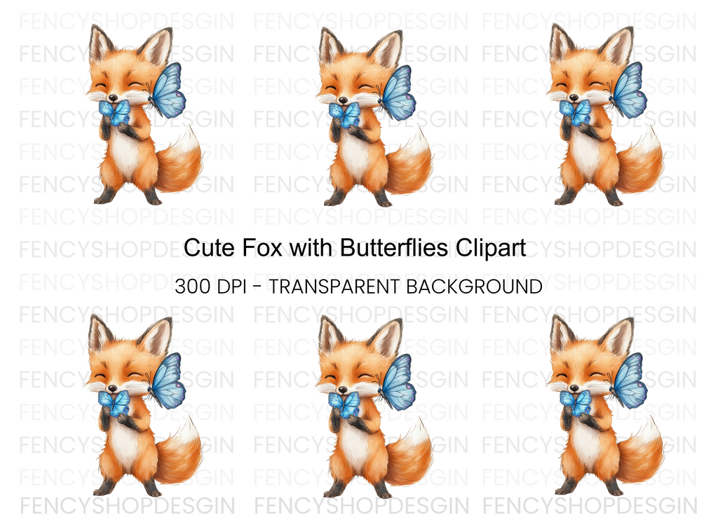Cute Fox with Blue Butterflies Clipart Bundle
