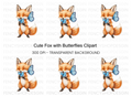 Cute Fox with Blue Butterflies Clipart Bundle