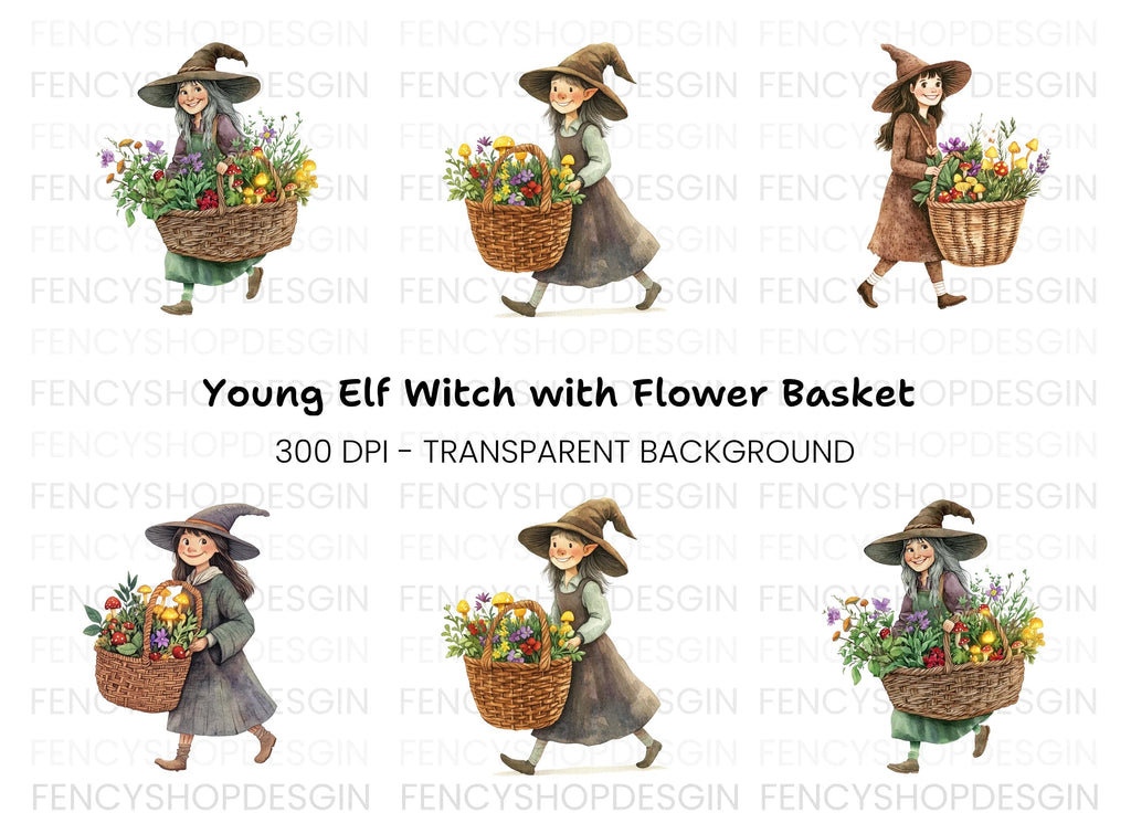Cute Witches with Flower Baskets Clipart Bundle