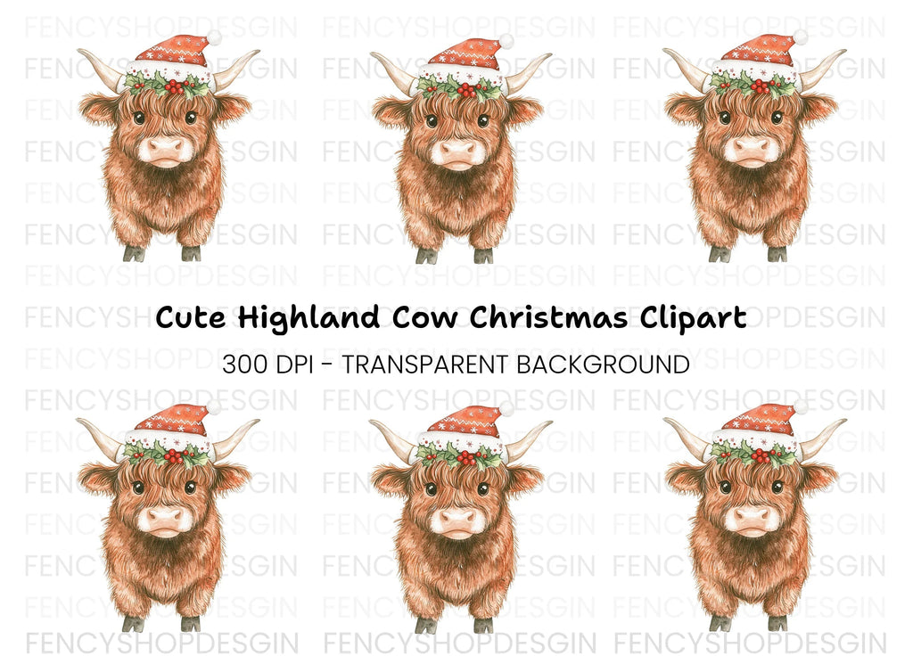 Highland Cow Christmas Hat Clipart Bundle