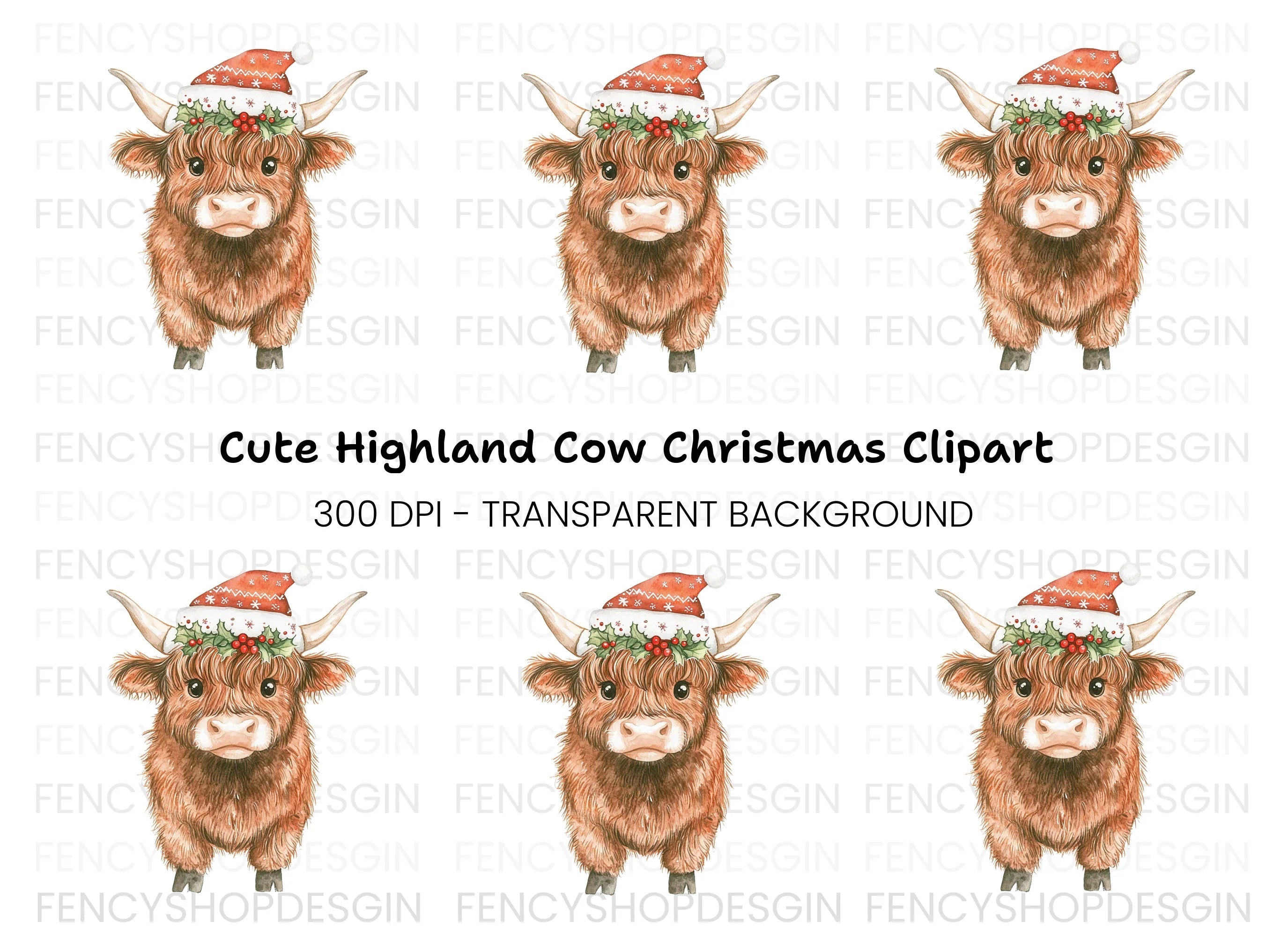 Highland Cow Christmas Hat Clipart Bundle