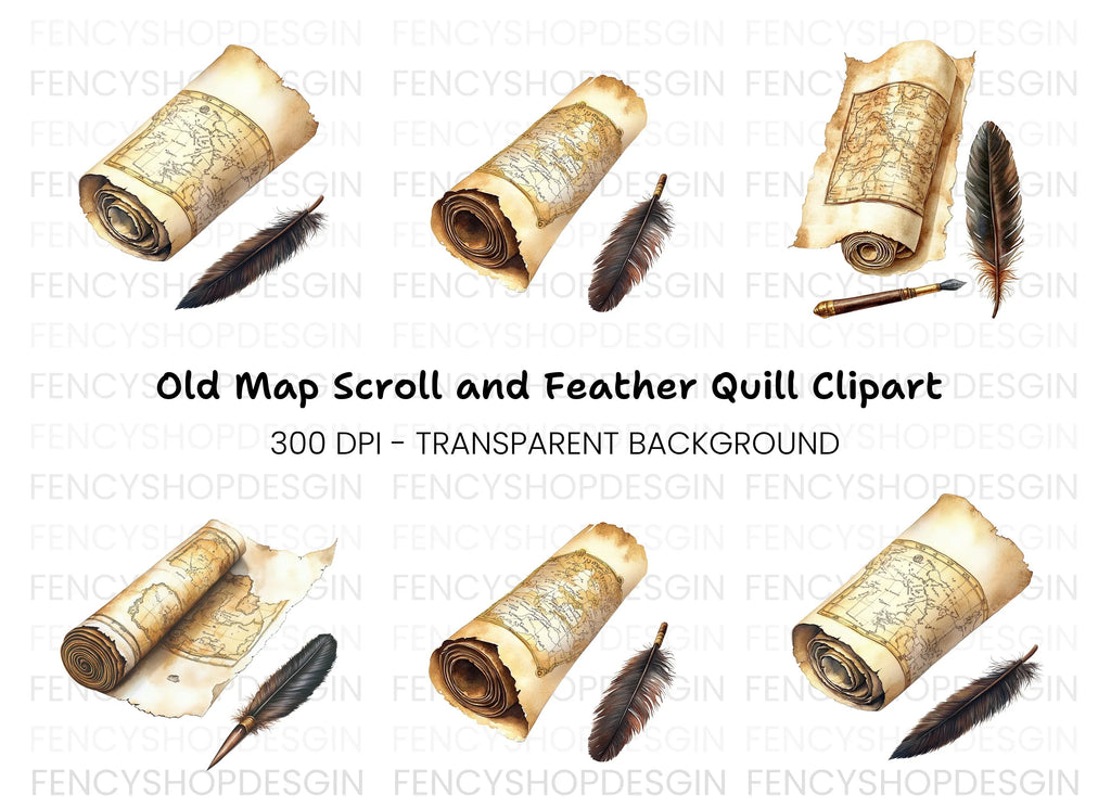 Vintage Scroll Maps & Quill Pen Clipart Bundle