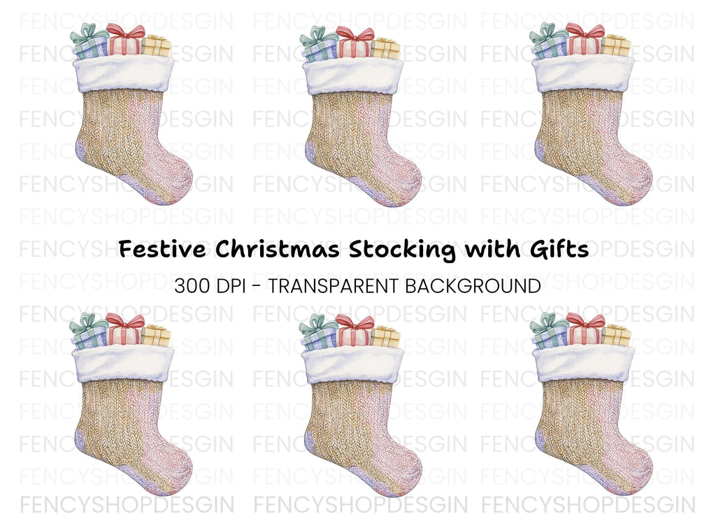 Knitted Christmas Stocking with Gifts Clipart Bundle