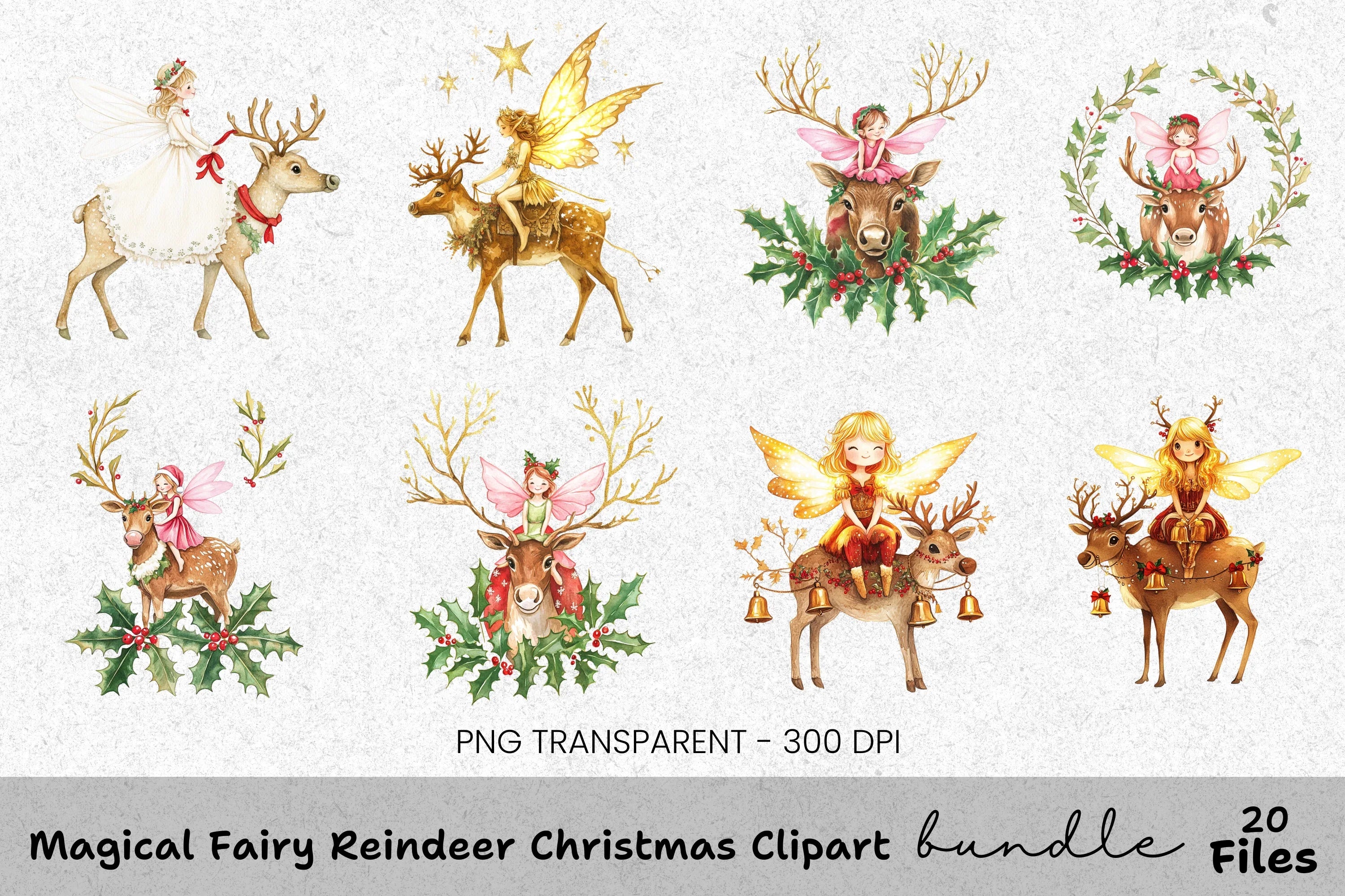 Christmas Fairies Riding Reindeer Clipart Bundle