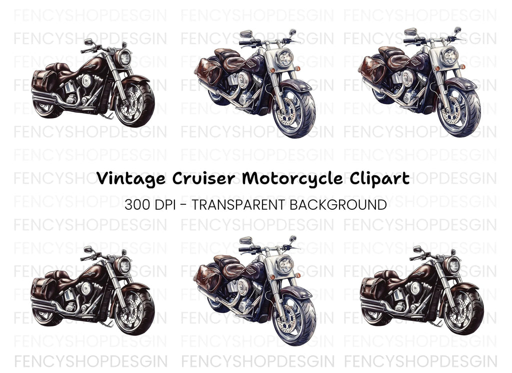 Classic Cruiser Motorcycle Illustrations Clipart Bundle