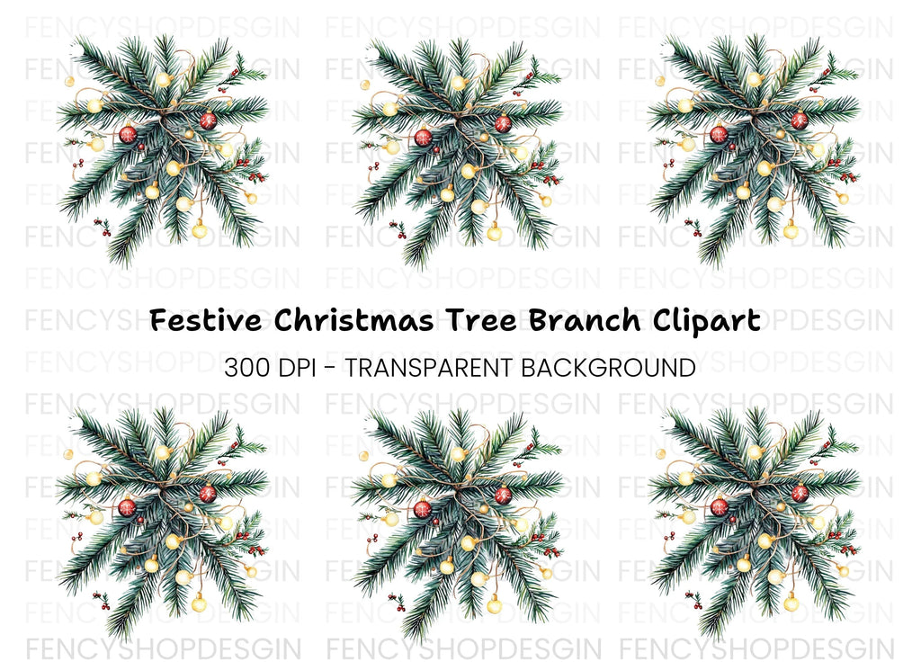 Christmas Pine Branch with Lights Clipart Bundle