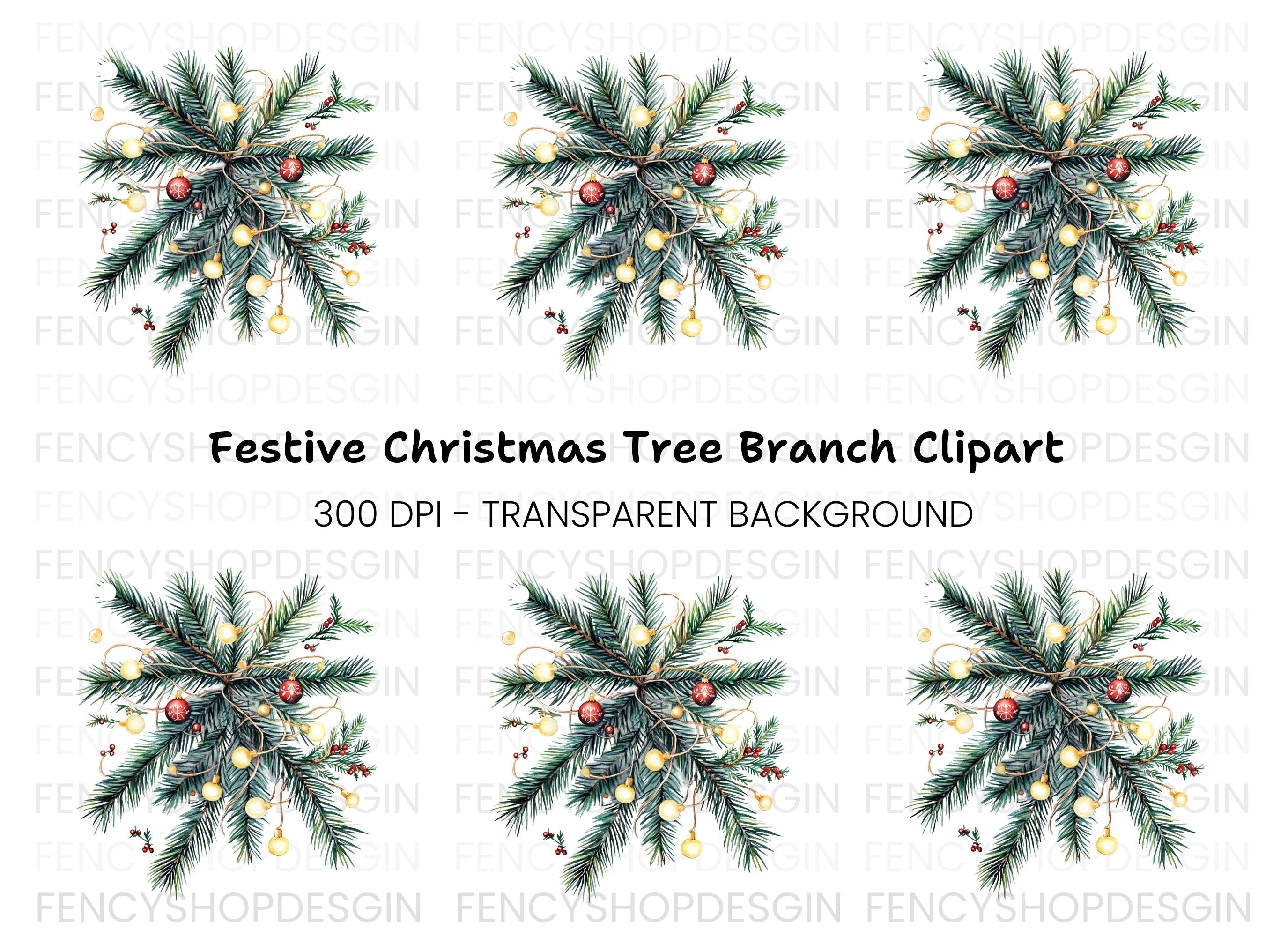 Christmas Pine Branch with Lights Clipart Bundle