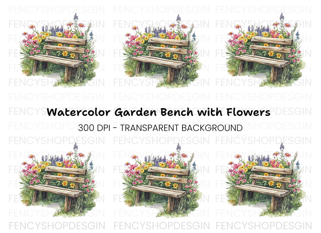 Rustic Bench in Blooming Garden Clipart Bundle
