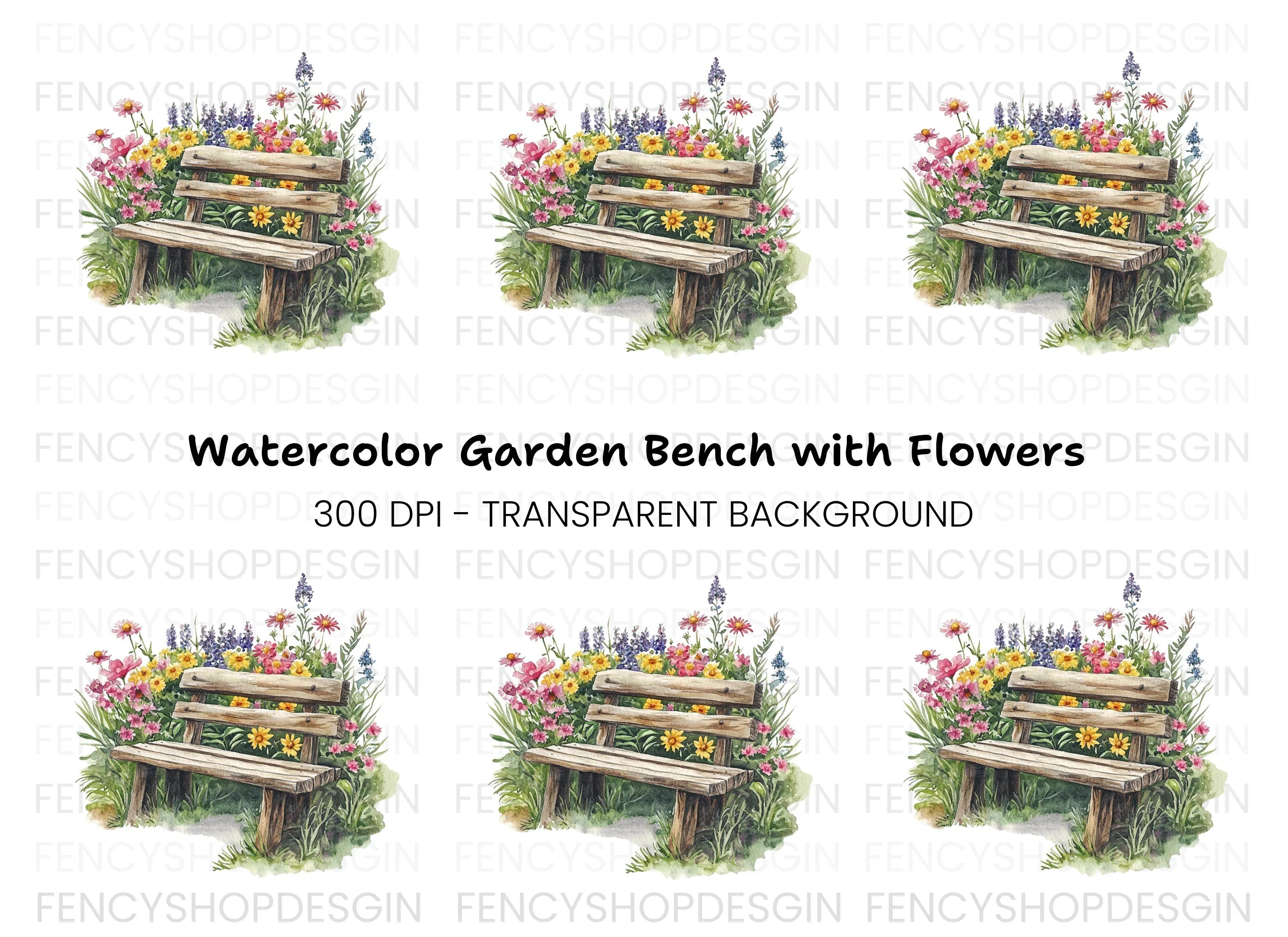 Rustic Bench in Blooming Garden Clipart Bundle