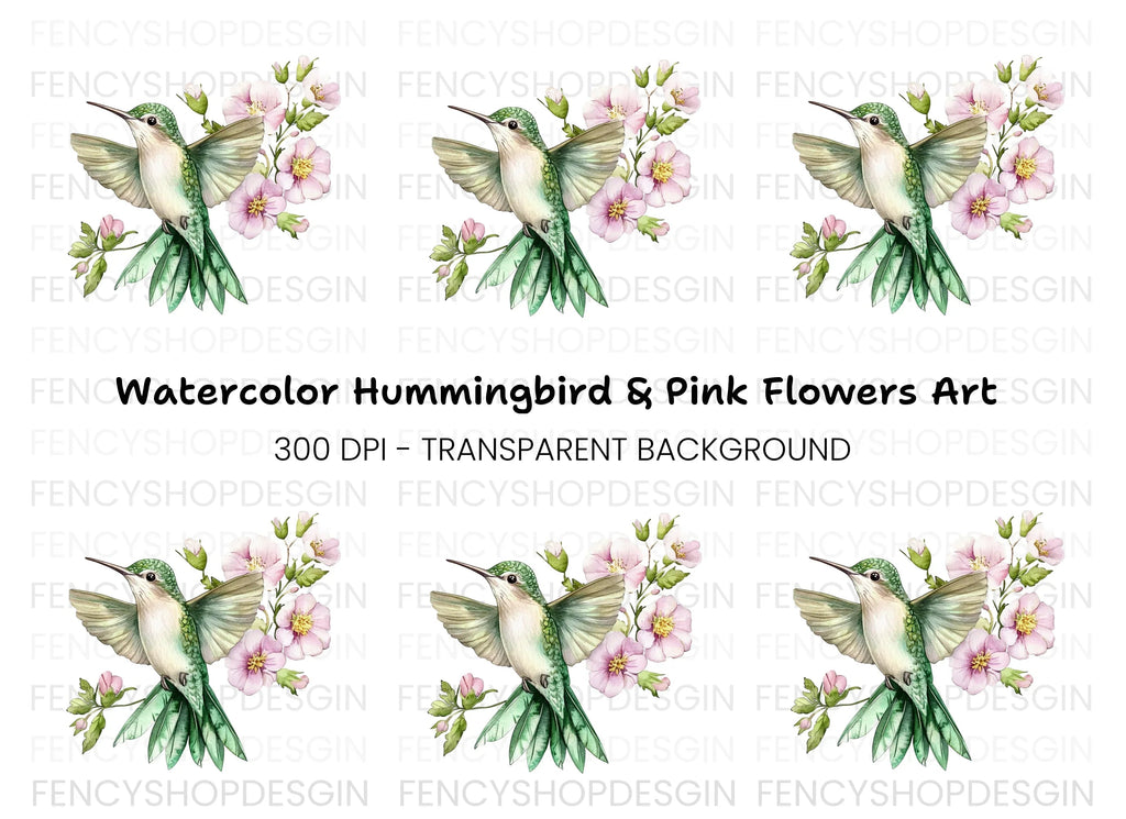 Hummingbird and Pink Flowers Clipart Bundle