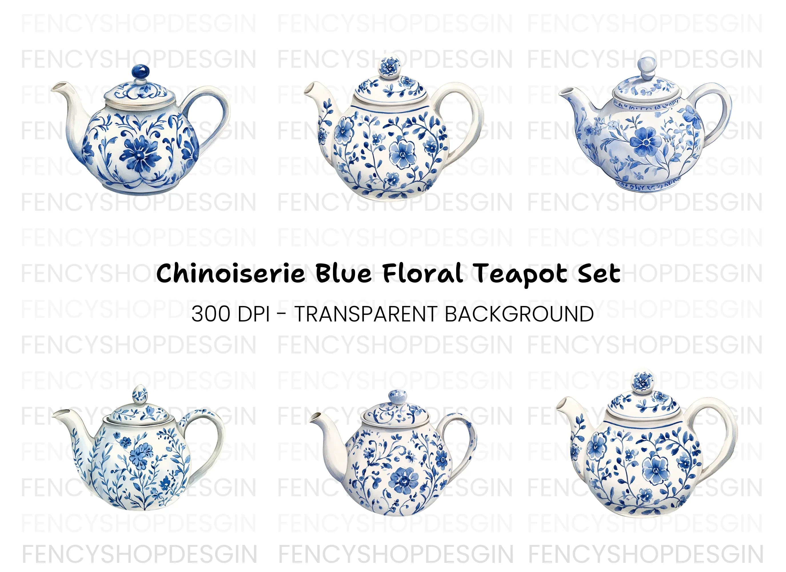 Blue and White Teapots Clipart Bundle