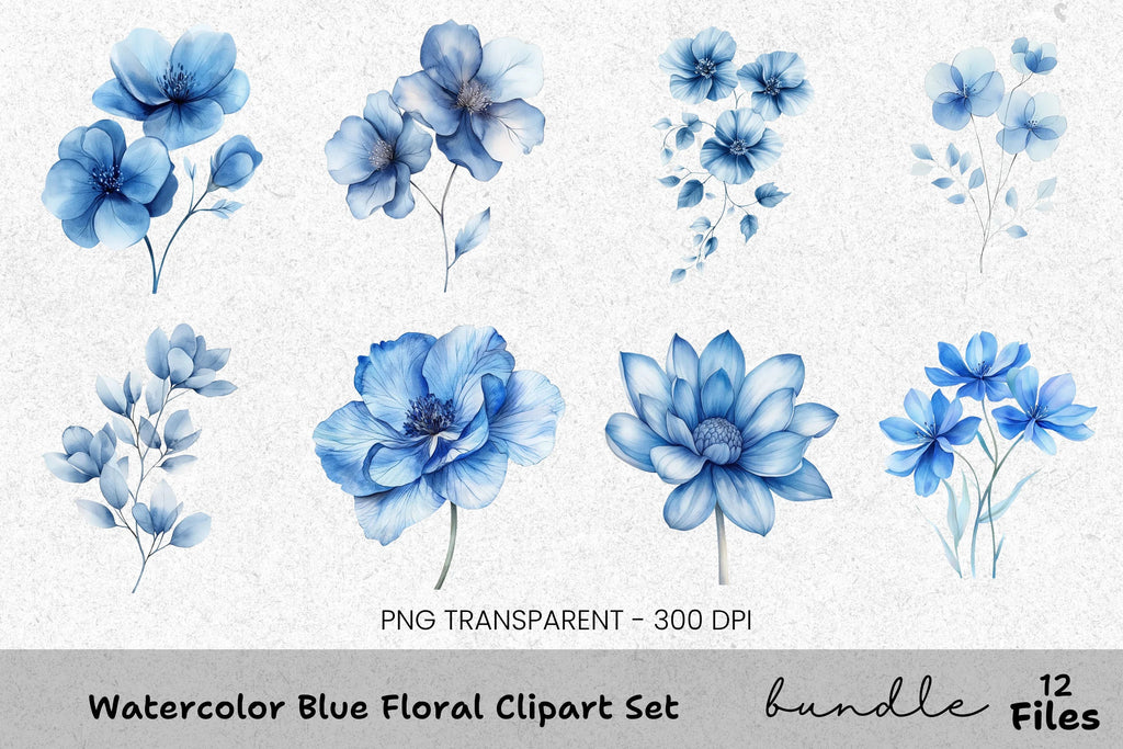 Blue Floral Clipart Bundle