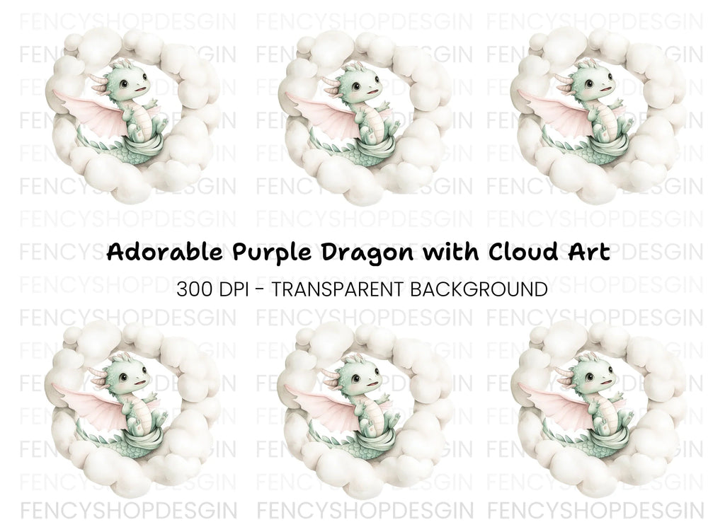 Sweet Green Baby Dragon in Clouds Clipart Bundle