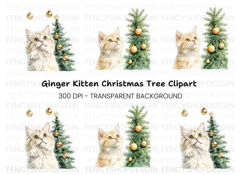 Christmas Cats with Festive Trees Clipart Bundle
