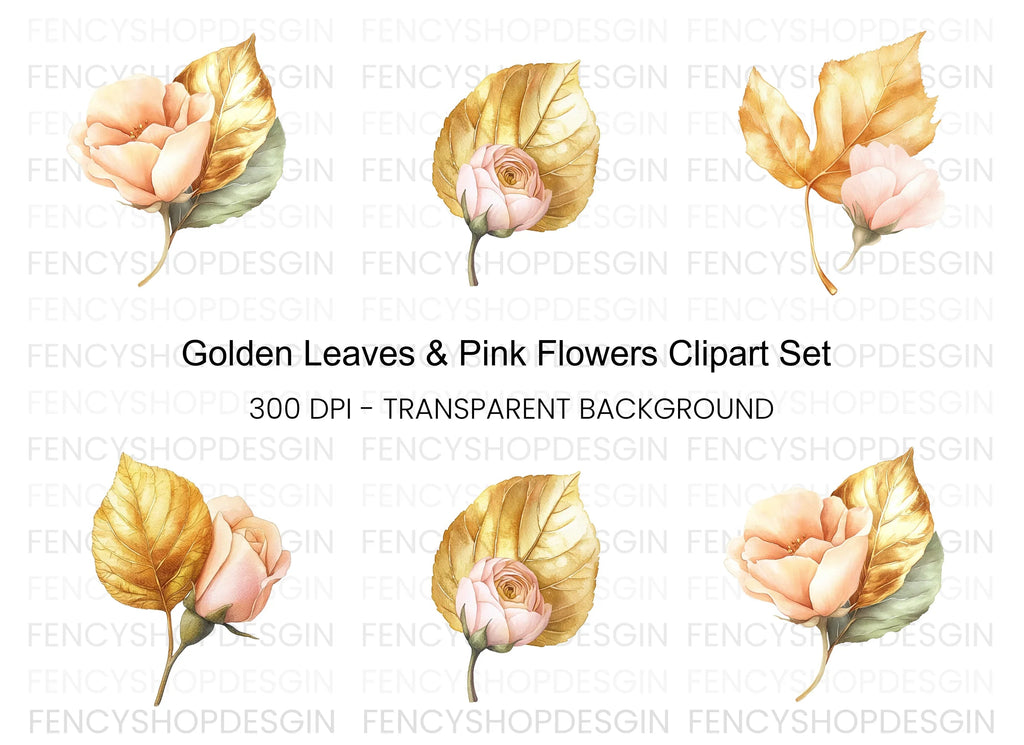 Golden Leaves and Pink Flowers Clipart Bundle