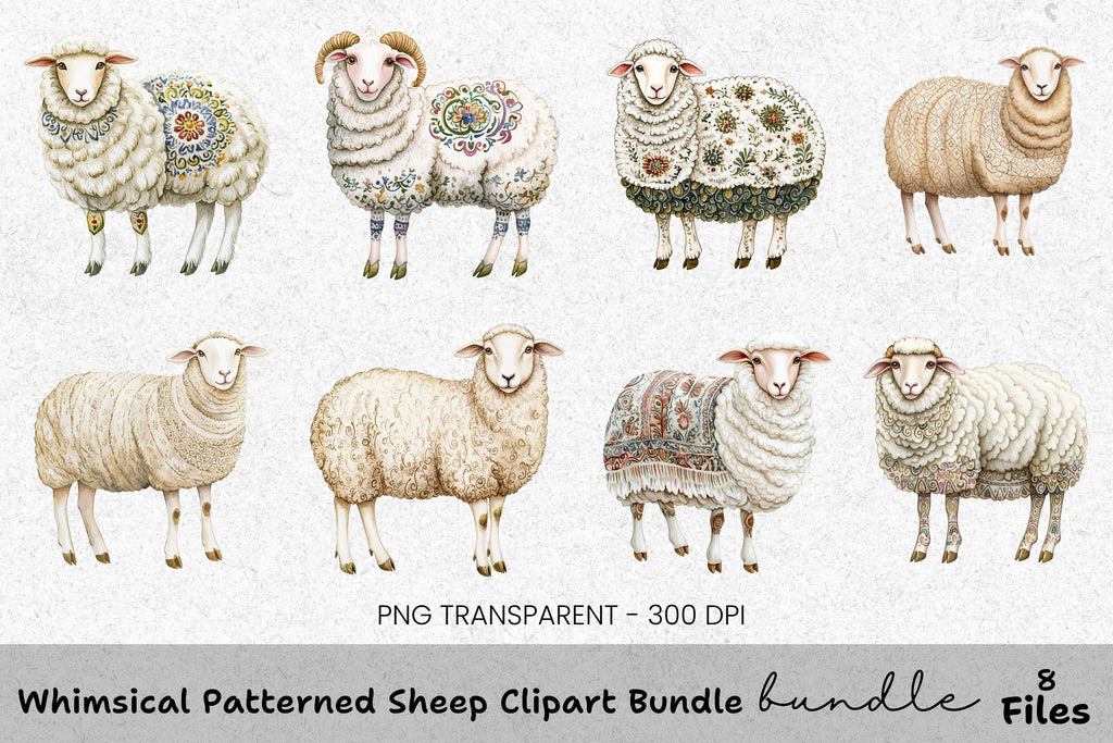 Whimsical Patterned Sheep Clipart Bundle