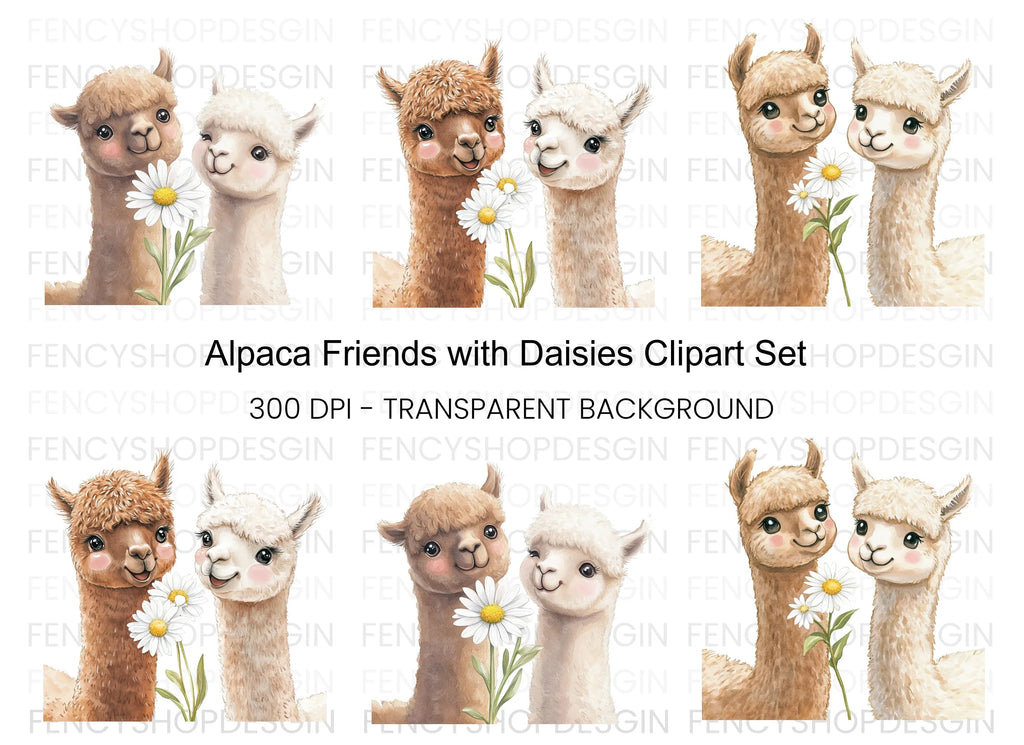 Alpaca Friends with Daisies Clipart Bundle