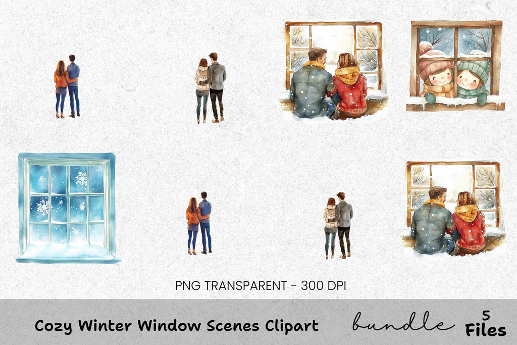 Snowy Window Winter Couple Clipart Bundle