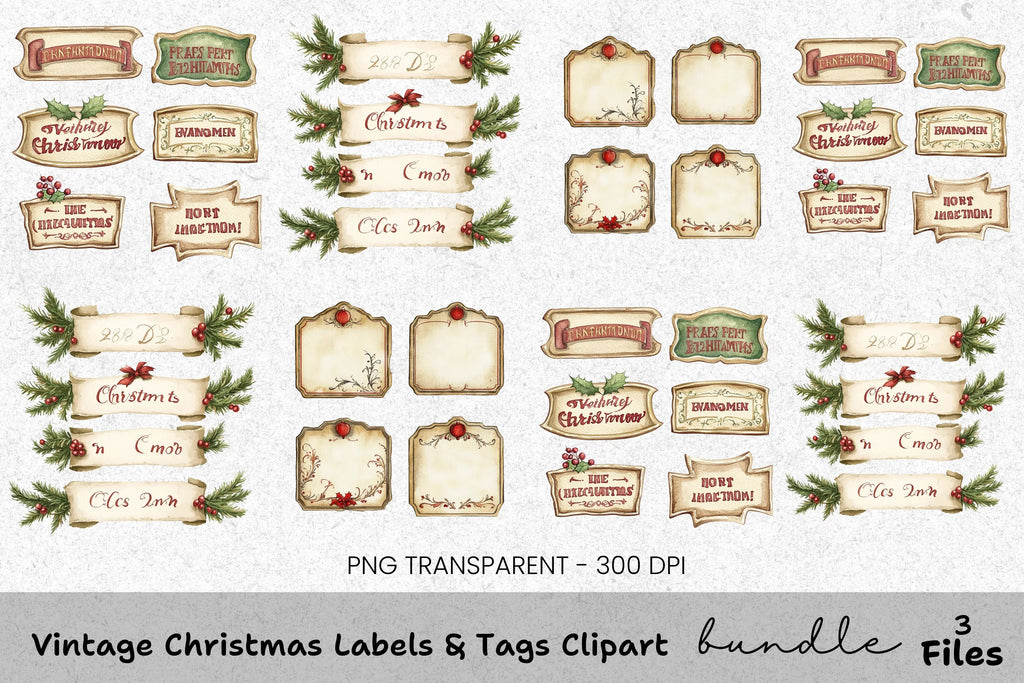 Vintage Christmas Labels Tags Clipart Bundle