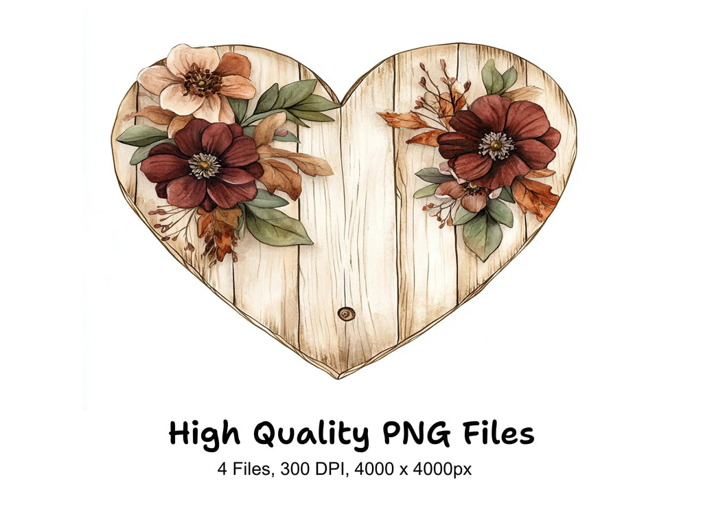 Rustic Wooden Heart Floral Clipart Bundle