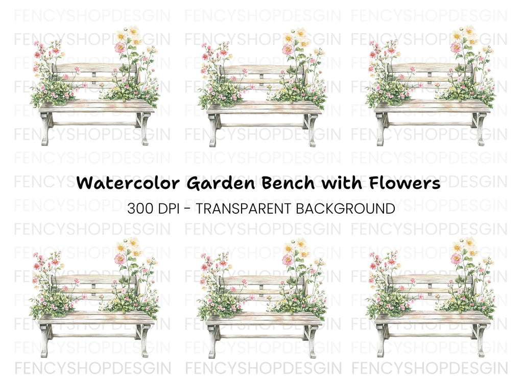 Bench with Pink Flowers Clipart Bundle